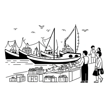 A seaside harbor filled with various fishing boats anchored along the docks. The boats have nets hanging over the sides and are painted with distinct patterns. A fresh seafood market is situated nearby, with stalls displaying various catch-of-the-day delicacies. There are crates filled with fish, crabs, and shellfish, and a vendor is serving customers, pointing at some of the freshest catches. The scene includes seagulls flying overhead, and the water of the harbor gently rippling against the boats. People are walking around, some carrying bags filled with seafood.