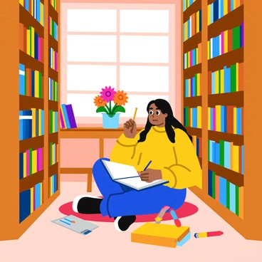 An artist with long hair is sitting cross-legged on a soft, colorful rug among tall bookshelves filled with neatly arranged books. They have a sketchbook open on their lap, and a pencil is poised in their hand as they gaze thoughtfully at the surrounding shelves. The library is warmly lit, with light streaming in through large windows, casting gentle shadows across the room. There are various art supplies scattered around, including colored pencils and paint tubes. A nearby table holds a vibrant still-life arrangement of fresh flowers in a vase, providing inspiration. The artist appears deep in concentration, surrounded by a peaceful and studious atmosphere.