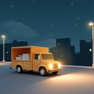 A yellow delivery truck, with bright headlights shining, is parked on a quiet street. The truck has a logo on its side, and its cargo area is slightly open, revealing packages. Streetlights cast a warm, golden glow, illuminating the pavement and creating soft shadows. The night sky is deep blue with a few scattered stars, while the surrounding buildings are dark and silhouetted against the light. A faint mist hangs in the air, adding a touch of atmosphere to the scene.