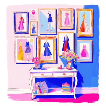 A gallery wall is decorated with an arrangement of framed fashion illustrations. Each frame varies in style, some are ornate while others have a sleek modern design. The illustrations depict a range of fashionable outfits, showcasing dresses, suits, and accessories. The colors in the illustrations are vibrant, featuring bold hues and intricate patterns. The wall is painted a soft neutral tone to allow the artwork to stand out. Below the illustrations, a small console table is placed, adorned with fashion books and a decorative vase.