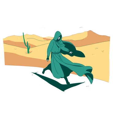 A teal assassin clad in dark, flowing robes is skillfully maneuvering across a vast desert landscape. The sand dunes are tall and undulating, stretching endlessly to the horizon, creating a stark contrast against the bright sky. The assassin has a focused expression, with a hood obscuring part of their face. In the distance, a solitary cactus stands, casting a long shadow on the soft, golden sand. The sun is low in the sky, illuminating the dunes with a warm glow, while the sharp lines of the assassin's silhouette are defined against the sweeping curves of the landscape.