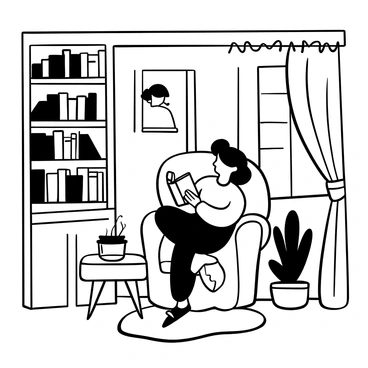 A cozy reading nook featuring a plush armchair with a person curled up, holding a book. A steaming cup of tea is placed on a small side table next to the chair. There is a soft blanket draped over the armchair. Shelves filled with books line the walls around the nook, and a warm lamp casts a gentle glow over the scene. A window with sheer curtains allows soft light to filter in. Decor elements include a small potted plant on the table and a rug beneath the armchair.