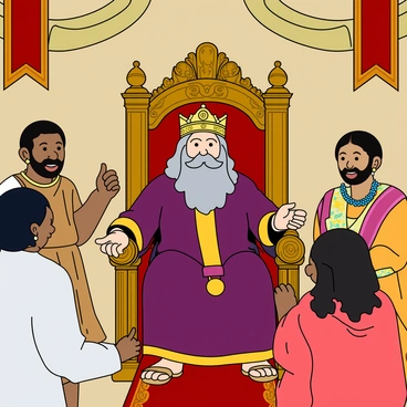 A regal King Solomon with a golden crown is seated majestically on an ornate throne adorned with intricate carvings. He has a long, flowing beard and is dressed in a rich purple robe with golden accents. Surrounding him are various people, including a man in a simple white tunic, a woman wearing a colorful dress, and a merchant with a beaded necklace. Each person appears eager, with expressions of hope and curiosity on their faces, as they present their questions to the king. The scene is filled with vibrant colors, and the throne room has decorative banners hanging from the ceiling.