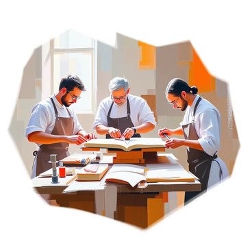 A group of craftsmen, consisting of three individuals, engaged in the traditional bookbinding process within a workshop. One craftsman, with short brown hair and wearing a leather apron, is carefully folding sheets of paper. Another craftsman, an older man with gray hair and glasses, is stitching the pages together, focusing intently on his work. The third craftsman, a woman with long black hair, is trimming the edges of a bound book with a sharp knife. Surrounding them are various tools of the trade, including spools of thread, a wooden book press, and sheets of leather, all arranged neatly on a workbench. Soft natural light filters through a window, illuminating the scene.