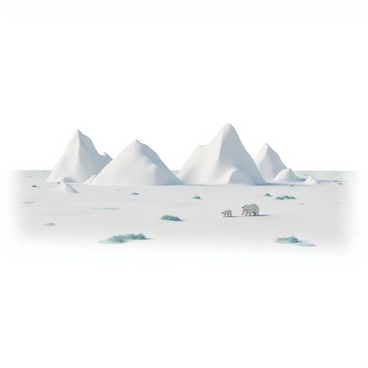 A vast icy tundra stretching across the foreground, featuring smooth, glistening snow that reflects the light. In the distance, tall, rugged snowy mountains rise sharply against the sky, their peaks capped with thick layers of snow. A pair of polar bears, one large and one smaller, are seen wandering together, the larger bear standing protectively over the smaller one. Scattered throughout the tundra are small patches of vibrant green moss, contrasting with the snow, adding a touch of color to the otherwise monochromatic landscape. The scene is illuminated by a soft, cold light, creating crisp shadows.