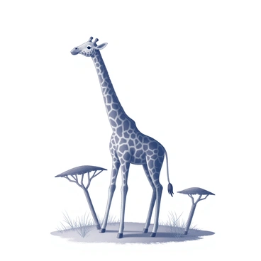 A tall giraffe constructed from matchsticks. The body is intricately made of arranged matchsticks, emphasizing the elongated neck and long legs typical of the species. The giraffe is standing on a flat expanse of savannah grassland, with sparse tufts of grass scattered around. The background features a few acacia trees with distinct umbrella-shaped canopies. The scene captures the essence of a savannah environment, with an open sky above and a distant horizon line.