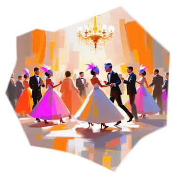 A grand masquerade ball is taking place in an opulent ballroom adorned with sparkling chandeliers. Elegant guests are dancing gracefully across the polished wooden floor, dressed in elaborate costumes featuring rich fabrics and intricate masks. The men wear tailored suits with ornate detailing, while the women are in flowing gowns, embellished with sequins and lace. Colorful feathers and rhinestones accentuate their masks, contributing to the festive atmosphere. The walls are decorated with lavish drapes, and the warm glow of the chandeliers casts a golden light over the lively scene.