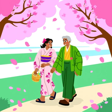 Tanjiro and Nezuko are walking closely side by side underneath a canopy of blooming cherry blossom trees. The branches are heavy with delicate pink flowers, and petals are gently falling around them like soft rain. Tanjiro, wearing his signature green checkered haori, has a warm smile on his face as he looks at Nezuko, who is dressed in a traditional kimono adorned with floral patterns. Nezuko carries a small woven basket in her hands, and her eyes sparkle with joy. The ground is covered with a carpet of pink petals, creating a beautiful, natural contrast with the fresh green grass. Bright sunshine filters through the branches, casting playful shadows on the ground.
