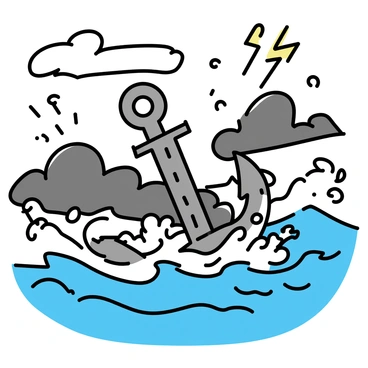 A large, metallic anchor is submerged in turbulent, dark blue waters, with waves crashing around it. The anchor is detailed with rust and barnacles, showing its age and strength. The stormy sea is filled with white frothy waves and dark clouds, creating a dramatic contrast. In the background, flashes of lightning illuminate the scene, emphasizing the anchor's unwavering position amidst the chaos.