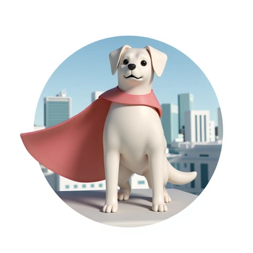 A dog, wearing a bright red superhero cape, stands proudly on a rooftop. The dog has a shiny coat that glistens in the sunlight, with its ears perked up and tail wagging. The city skyline is visible in the background, showcasing tall buildings and a clear blue sky. The dog's stance is confident, with its chest puffed out and gaze directed forward, embodying the spirit of a superhero.