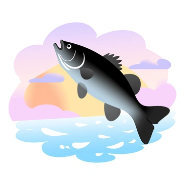 A silhouette of a largemouth bass is leaping out of the water, its body arched gracefully. The background features a stunning sunset with gradient pastel colors transitioning from soft pinks to warm oranges and deep purples. The sun is partially below the horizon, casting a radiant glow across the sky. Ripples in the water reflect the colors of the sunset, creating a harmonious blend of hues.