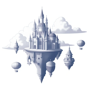 A floating castle in the clouds, surrounded by colorful sky islands and airships.