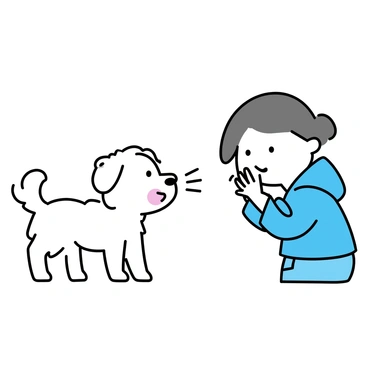 A dog with fluffy white fur and big brown eyes is standing beside a person. The person, wearing a blue jacket, is bending slightly forward with a surprised expression on their face. The dog is also caught in a moment of surprise, its mouth slightly open and ears perked up. Both are shown mid-sneeze, with the owner's hand raised toward their nose, and the dog's nose crinkled. The background is minimal, focusing on the interaction between the dog and the owner.