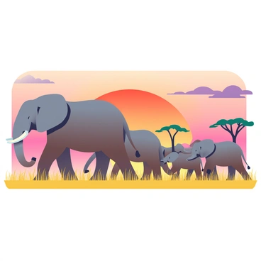 A majestic herd of elephants is walking across the African savanna during sunset. The elephants have large ears and tusks, with a mix of gray and brown skin tones. The tallest elephant leads the group, followed closely by several younger ones, their trunks raised. The savanna grass is golden and sways gently in the breeze. The sky is filled with vibrant hues of orange, pink, and purple as the sun sets on the horizon. Silhouetted acacia trees dot the landscape in the background.