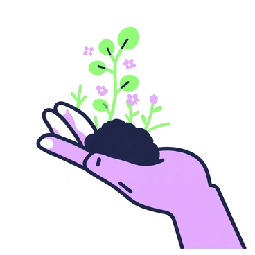 A close-up of a hand, with a small garden emerging from the index finger. The hand is slightly tilted, revealing soil and tiny plants sprouting upwards. The garden consists of various plants, including small green leaves and delicate flowers. The hand is in a natural skin tone, and the background is minimal to emphasize the hand and the garden.