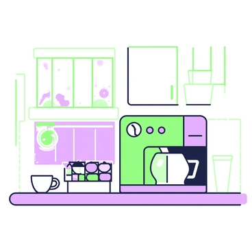 A single-serve coffee maker is positioned on a kitchen countertop. The coffee maker is compact and has a modern design with buttons for different functions. Next to the coffee maker, there is a small rack displaying a variety of coffee pods in assorted flavors and colors. The kitchen has polished surfaces, with cabinets above and a backsplash that adds texture. A window is visible in the background, allowing natural light to illuminate the space. A coffee cup sits beside the coffee maker, ready for use.