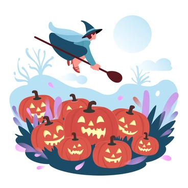 A dark sky is illuminated by a full moon. A witch with a pointed hat is flying on a broomstick across the sky, her cape flowing behind her. Below, a field is filled with carved pumpkins, each with unique expressions glowing from within. The pumpkins are arranged among tall grasses, and a few scattered leaves are blowing in the wind. In the background, there are silhouettes of bare trees against the night sky, adding to the Halloween atmosphere.