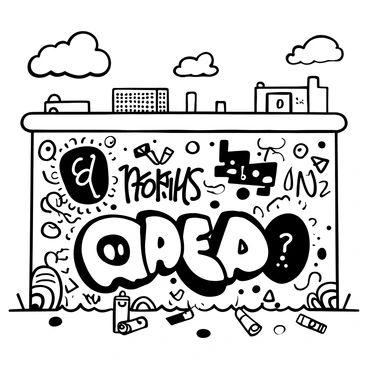 A tall city wall with a rough texture, completely covered in various pieces of graffiti art. Each piece features intricate designs and lettering, showcasing a mix of styles and messages. Around each graffiti piece is a distinct aura, represented by swirling lines or patterns, adding emphasis to the artwork. The ground in front of the wall is littered with spray paint cans and brushes, indicating recent activity. The urban environment is hinted at with distant buildings and a cloudy sky above, creating a contrast with the vibrant graffiti on the wall.