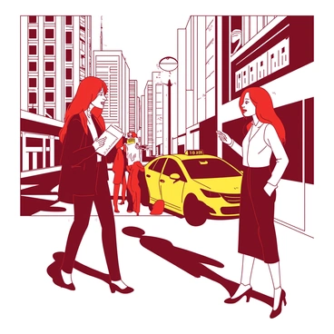 A red-haired journalist holding a notepad and pen stands on a bustling city street, interviewing a glamorous celebrity with long blonde hair. The celebrity is wearing a stylish outfit and is smiling while responding to questions. The street is filled with tall buildings, and a few pedestrians can be seen in the background. There is a yellow taxi cab parked nearby, and a streetlamp casts light over the scene. The journalist looks engaged, with a focused expression as she takes notes.