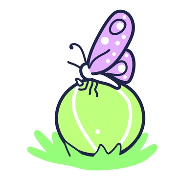 A butterfly with intricate wing patterns is landing gently on a tennis ball. The tennis ball, featuring the traditional seam and a textured surface, is placed on a patch of grass. The butterfly's wings are spread wide, showcasing a variety of shapes and details. Surrounding the butterfly, small blades of grass are visible, adding to the scene's natural ambiance. The sunlight creates a subtle sheen on the tennis ball, emphasizing its round shape and vibrant color.