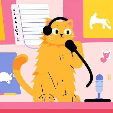 A cartoon-style illustration of a cat with a fluffy orange coat and big green eyes. The cat is standing on its hind legs, speaking into a shiny black microphone. It wears a pair of oversized headphones that are slightly askew on its head. The background features a colorful radio station studio, with vibrant soundproofing panels in shades of blue, pink, and yellow. There are microphones and sound equipment visible on the desk in front of the cat. Bright posters of music notes and animals adorn the walls, creating a lively atmosphere.
