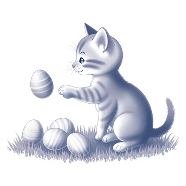 A playful kitten with soft fur is sitting in a patch of grass. The kitten is reaching out with its paw, batting at several Easter eggs scattered around it. The eggs are various sizes and have decorative patterns. The grass appears lush and vibrant, providing a natural setting for the scene. The playful nature of the kitten is captured as it arches its back slightly and focuses intently on the eggs.
