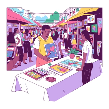 An illustration artist is standing at a stall in a vibrant art market. The artist has a variety of colorful prints and artworks displayed on a white table. Each piece showcases intricate designs and bold patterns. The backdrop features other market stalls filled with bright, handmade crafts and decorations. People of diverse backgrounds are browsing the market, admiring the artist's work. Sunlight streams down, adding warmth to the bustling atmosphere.