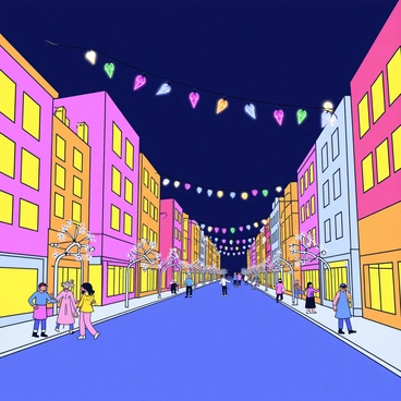 A vibrant illustration of Park Street at night, filled with decorative lights. The street is lined with tall buildings, each window glowing softly in warm yellow tones. Colorful string lights hang across the street, creating a festive atmosphere. A few trees along the sidewalk are adorned with small white lights. People can be seen walking along the street, some stopping to admire the lights. The sky is a deep navy blue, adding contrast to the colorful scene.
