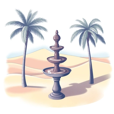 A chocolate fountain stands tall in the center of a sandy desert landscape. The fountain's multiple tiers cascade with rich, flowing chocolate. Surrounding the fountain, several tall palm trees sway gently in the warm desert breeze, their fronds creating dappled shadows on the ground. The golden sand dunes stretch out into the distance, contrasting with the lush greenery of the palms. In the background, a clear blue sky can be seen, adding depth to the scene. The setting captures an oasis-like atmosphere in the midst of the arid desert.