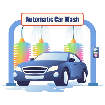 An American car, painted in a deep blue color with chrome accents, is positioned inside an automatic carwash station. The car has a sleek, modern design with a shiny finish, reflecting the colorful lights of the carwash. Streams of water are cascading down from overhead sprayers, and soap suds are covering the vehicle. The background features large rotating brushes in vibrant colors, and the floor is wet, glistening under the bright lights of the washing area. A sign above the entrance displays "Automatic Car Wash" in bold letters.