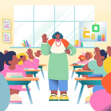 A bright classroom filled with diverse children, all eagerly raising their hands to answer. Some children have dark hair, while others are blonde or redhead. They are sitting at wooden desks with colorful books and notebooks open in front of them. The walls are decorated with educational posters featuring letters and numbers. In the front of the classroom stands a teacher with medium skin and curly hair, smiling at the students. Sunlight streams in through large windows, illuminating the scene and creating a positive atmosphere.
