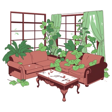 An old living room filled with vintage furniture that is covered in a layer of dust. There is a large, worn-out sofa covered in faded fabric, accompanied by a wooden coffee table with intricate carvings. In the corners of the room, several green plants are growing, their leaves reaching out towards the windows. Sunlight filters through the dirty glass, casting soft shadows on the floor. The plants appear to merge with the indoors, as some vines drape over the dusty furniture, creating a natural connection between the inside and the outside environment.