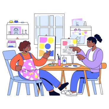 Two artists reviewing each other's work in a cozy studio filled with art supplies