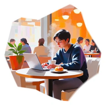 A person sitting at a small round table in a cozy café, focused intently on a laptop in front of them. The individual has dark hair and is wearing a casual navy blue sweater. They are typing on the laptop, with an expression of concentration. A steaming cup of coffee sits on the table beside them, and a plate with a half-eaten pastry is also present. In the background, other patrons are seen chatting and enjoying their drinks, with warm lighting illuminating the space. The café has wooden tables and a few potted plants adding to the inviting atmosphere.
