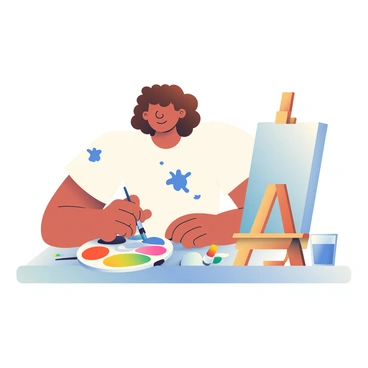 An artist with light skin and curly brown hair is sitting at a wooden desk. She is wearing a white t-shirt with paint splatters on it. In front of her is a vibrant palette filled with various colors, including bright reds, blues, and yellows. The artist is holding a paintbrush in her right hand, carefully selecting a rich blue color from the palette. Next to the palette, there is a blank canvas standing upright, ready for her new painting. The desk is cluttered with tubes of paint, brushes, and a glass of water. The artist's focused expression shows her dedication to her craft.