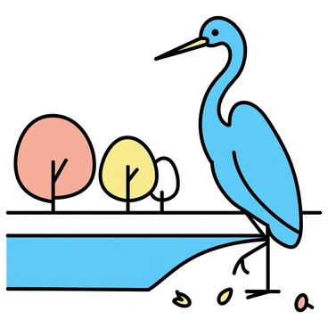 A blue heron stands tall on one leg by the edge of a lake. Its long neck is gracefully extended as it gazes into the water. The surface of the lake reflects the vibrant colors of the fall foliage surrounding it, with trees displaying shades of orange, red, and yellow. The ground is covered in fallen leaves, adding to the autumnal atmosphere. The sky above is clear, completing the tranquil scene.