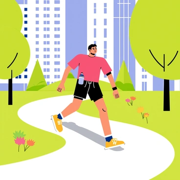 A runner wearing a bright red shirt and black shorts is navigating a winding urban trail. The trail is surrounded by tall green trees and colorful flowers in the city park. The background features modern buildings with large windows and a clear blue sky. Sunlight filters through the leaves, casting playful shadows on the ground. The runner appears focused and determined as they move along the path, with a water bottle secured in a belt.