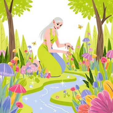 "Galadriel" is depicted as an elegant elven figure with long, flowing silver hair and a shimmering gown in shades of green and blue. She is kneeling down, tending to a "vibrant elven garden" filled with "rare and magical plants". The garden includes "colorful flowers" in various shapes, "glowing mushrooms" scattered throughout, and "tall, mystical trees" with intricate bark. There are "sparkling streams" running through the garden, reflecting the sunlight, and "fluttering butterflies" with vivid patterns dancing around. The atmosphere is lively, highlighting the beauty of the flora and the care Galadriel is giving to her magical surroundings.