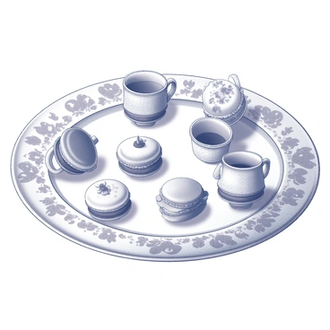 A large, round plate is centered in the image, featuring intricate storybook-inspired illustrations around its edge. Tiny porcelain teacups are scattered across the plate, each with a delicate design, some with floral patterns and others with tiny whimsical motifs. Small pastries, including miniature cakes, macarons, and tarts, are artistically arranged among the teacups. The pastries are detailed with textures and embellishments, showcasing their appealing forms. The overall composition conveys a sense of charm and playfulness, inviting viewers to imagine a delightful tea party scene.