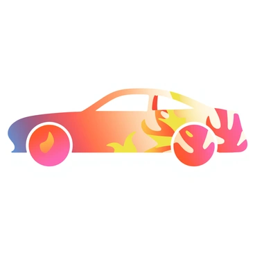 A car outline is centered in the image, showcasing its sleek silhouette. The outline is filled with abstract flame designs that swirl and dance along the contours of the car. The flames transition through a vibrant palette of fiery colors, including shades of red, orange, and yellow, creating a dynamic sense of movement. The background is a soft gradient that subtly complements the fiery color scheme, enhancing the overall visual impact of the car's design.