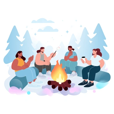 A group of friends is sitting on logs arranged in a circle around a campfire. The flames are flickering and casting warm light on their surroundings. Each friend is wearing casual outdoor clothing. One friend is roasting a marshmallow on a stick over the fire, while another is holding a cup. In the background, tall trees stretch upward, and the night sky is visible, filled with stars. Soft, gradient pastel colors wash over the scene, enhancing the calm atmosphere of the gathering.