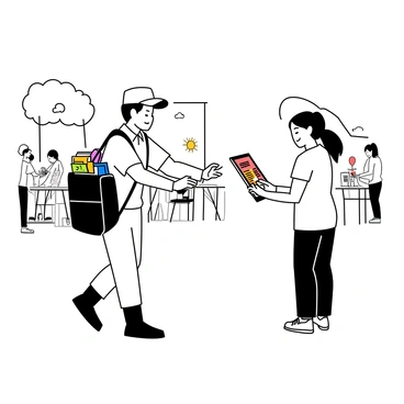 A postman wearing a uniform is walking through a park while delivering flyers. He has a postal bag slung over his shoulder filled with colorful flyers. In one hand, he is handing a flyer to a woman who is holding a clipboard and smiles appreciatively. The woman is wearing a casual t-shirt and jeans, with her hair in a ponytail. In the background, several people are setting up tables and decorations for the event, with banners and balloons being arranged. The sun is shining, and trees surround the area, giving a lively atmosphere to the scene.