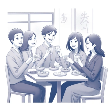 A group of four friends is gathered around a wooden table, each holding a sake cup raised in a toast. The friends exhibit expressions of happiness, with wide smiles and sparkling eyes. They are seated in a cozy room, adorned with traditional Japanese decor, including paper lanterns and wall scrolls. The table in front of them is set with various small dishes of food, adding to the festive atmosphere. Soft light illuminates the scene, capturing the warmth of their camaraderie.