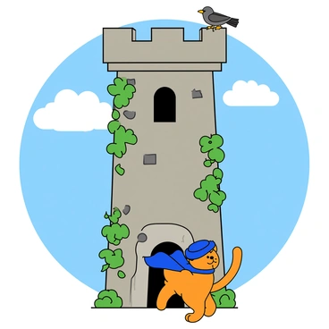 A brave orange cat dressed in a dashing blue hat and a matching blue cape stands at the base of a tall stone tower. The tower is adorned with ivy climbing up its sides and has a single window near the top. The cat, with a confident expression on his face, is preparing to climb the tower's rough surface. Above, a small bird can be seen peering out from the window, looking concerned for its friend. The sky in the background is bright blue with fluffy white clouds, adding a sense of adventure to the scene.