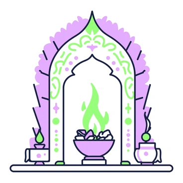 A flame is burning brightly within a sacred shrine, illuminating the surrounding space. The shrine features intricate carvings and symbols that reflect various aspects of devotion. The flame flickers with intensity, casting green and purple shadows around the shrine’s interior. In front of the flame, there is a small offering bowl filled with items such as flowers and incense. The atmosphere is filled with a serene glow, highlighting the significance of the flame as a symbol of faith.