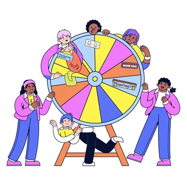 A large spinning raffle wheel featuring brightly colored sections, each displaying a different prize such as "gift card," "chocolate basket," and "toys." The wheel is centered on a wooden stand, showcasing the intricate mechanics that allow it to spin smoothly. Surrounding the wheel are several enthusiastic participants, with wide eyes and smiles, eagerly watching the wheel spin. Some are clapping their hands in excitement, while others are leaning forward, hoping to see their desired prize land in the spotlight.