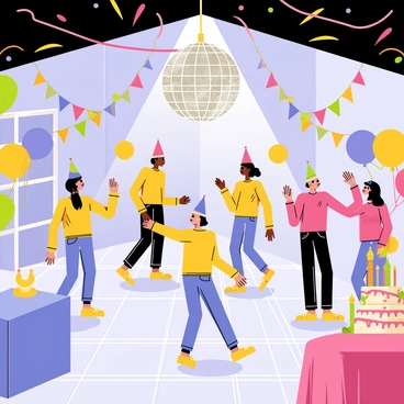 A birthday party scene with a large glittering disco ball hanging from the ceiling, reflecting colorful lights across the room. The dance floor is made of shiny tiles, filled with people dancing energetically. Streamers and balloons in vibrant colors decorate the walls, while a table nearby features a multi-layered cake with bright frosting and candles. Party hats are worn by some guests, and there are colorful lights flashing around the space, creating a lively atmosphere.