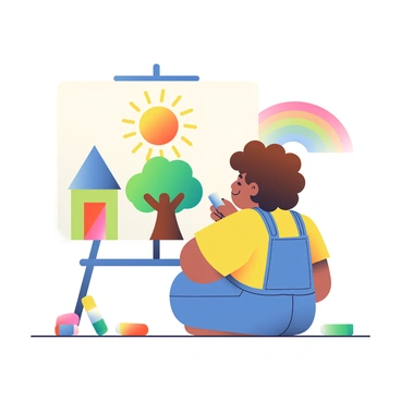 A child with curly brown hair is sitting on the floor in front of a large blank canvas. The child is wearing a bright yellow t-shirt and denim overalls, with colorful markers scattered around. They are focused on drawing a vibrant sun in the top corner of the canvas, using a bright orange marker. Below the sun, the child is sketching a green tree with a thick trunk and a fluffy canopy. On one side, there is a colorful house with a blue roof and a red door. The other side features a rainbow arching over the scene. The child has a joyful expression, immersed in their creative process.