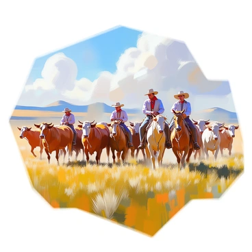 A group of cowboys riding on horseback, skillfully herding a large number of cattle across a wide-open prairie. The cowboys are wearing wide-brimmed hats, rugged vests, and boots, with lassos in hand as they guide the cattle. The prairie is expansive, covered in tall green grass that sways in the breeze under a bright blue sky dotted with fluffy white clouds. In the distance, gentle rolling hills can be seen, setting the horizon. The sun casts warm light across the landscape, highlighting the dynamic movement of the cattle and the determination of the cowboys.