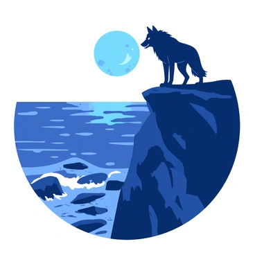 A duotone werewolf with a dark silhouette stands majestically on a cliff that overlooks the ocean. The werewolf has a muscular build, with sharp claws and fierce fangs visible. Its fur is a mix of deep shades of {color_1} and {color_2}, shimmering slightly in the moonlight. The cliff is rugged with jagged rocks, and the waves crash against them below, creating a mist that rises into the air. The ocean stretches out into the horizon, reflecting the light of the moon above. The werewolf gazes intently at the vast sea, exuding an aura of strength and dominance.